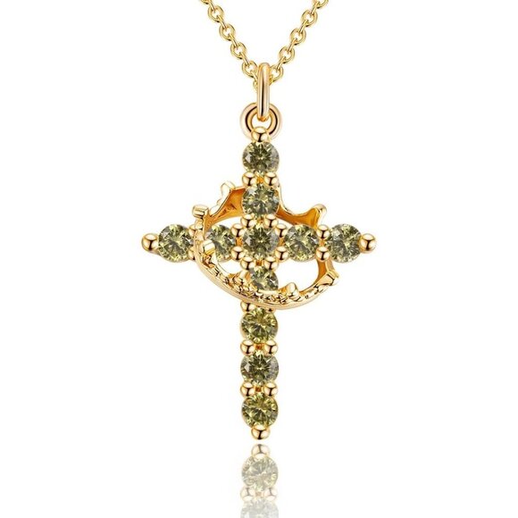 Perfect Gifts Women's Crown M08 Peridot Cross Necklace Gold Plated Faith Jewelry - Picture 8 of 8
